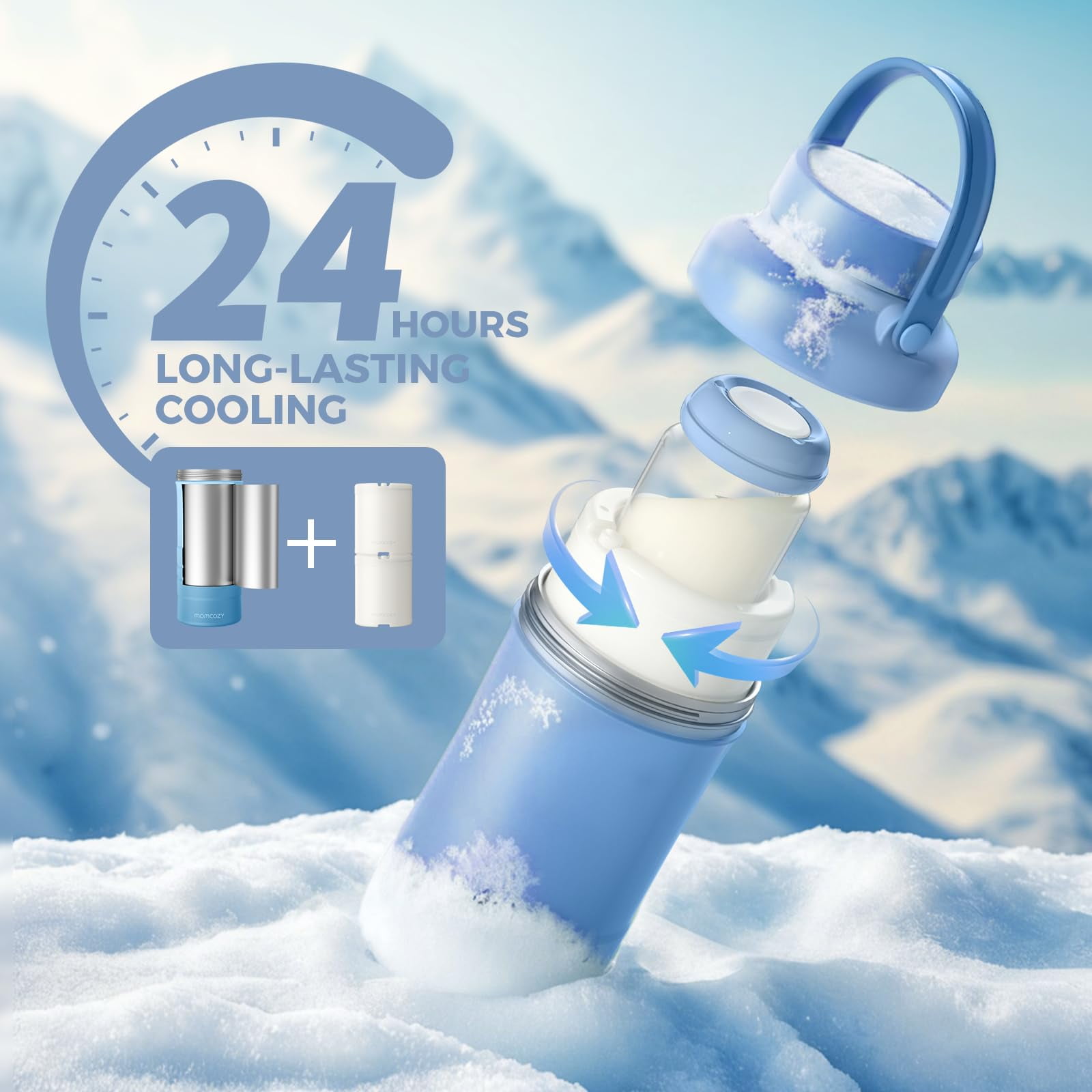 Momcozy Breast Milk Cooler offers 24H+ extended cooling with 360° surround cooling tube technology, keeping breast milk fresh and nutrient-rich during outdoor activities. Simply freeze the tube for 1