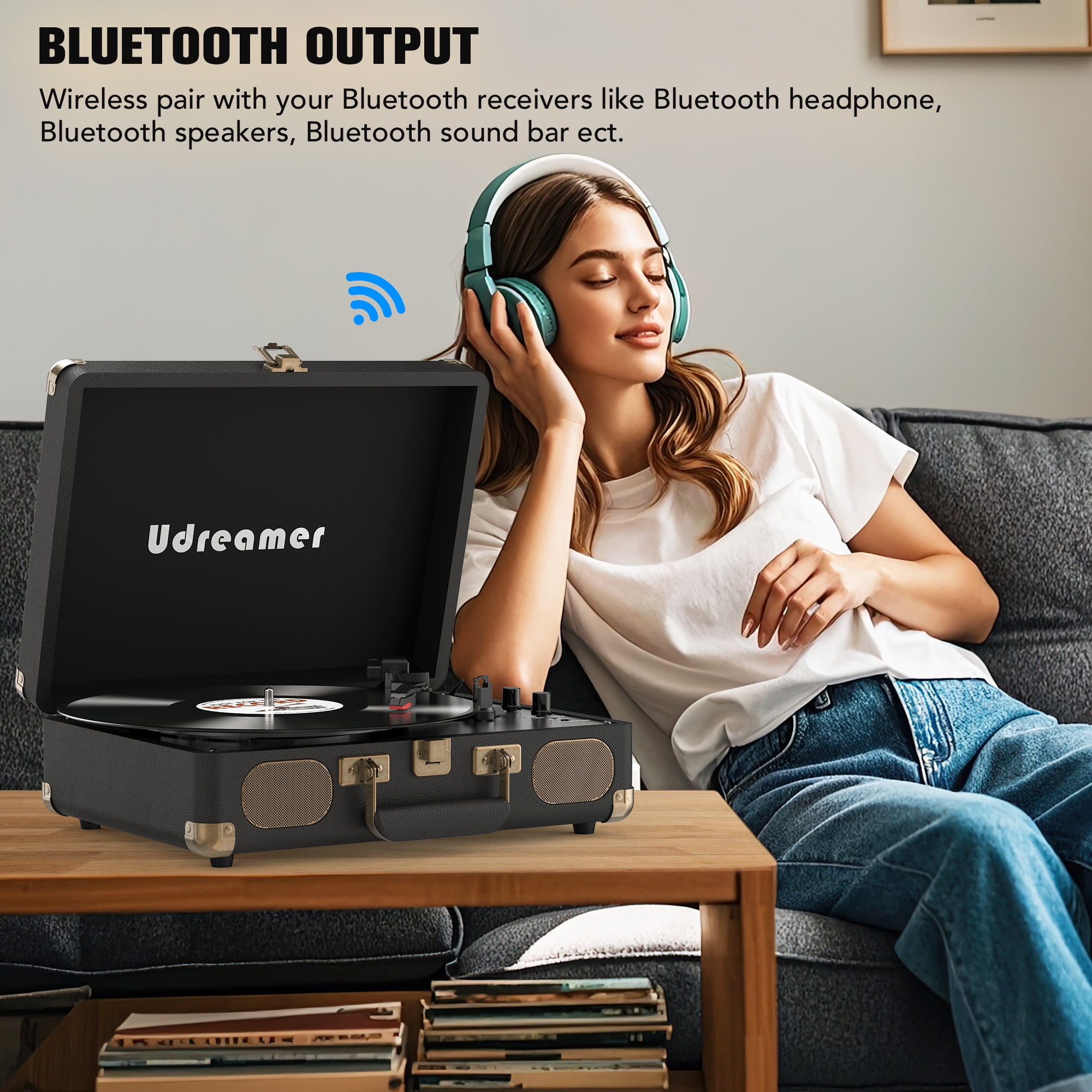 Udreamer Vinyl Record Player with Speakers,Turntables for vinyl records,Portable Suitcase Vinyl Player (tocadiscos de vinilo),Black