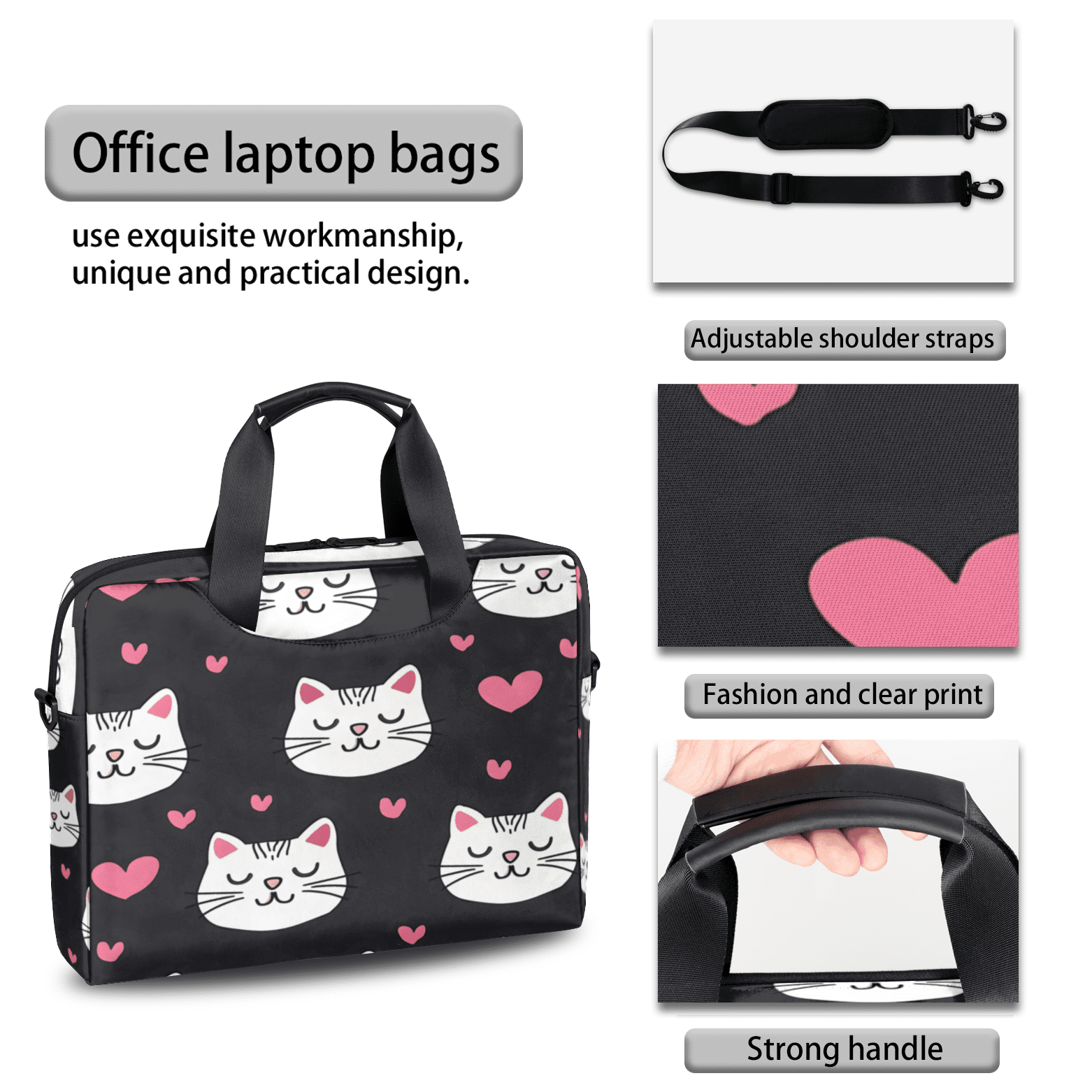 Herdesigns Cute Cat Laptop Bag for Women Men, Computer Case Briefcase Messenger Bags, 15-15.6 inch Laptop Sleeve Shoulder Bag