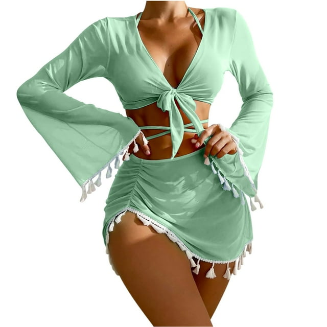 HKEJIAOI Maillot de Bain Triangle à Ficelles avec Ensemble de Couverture à Franges Vert S