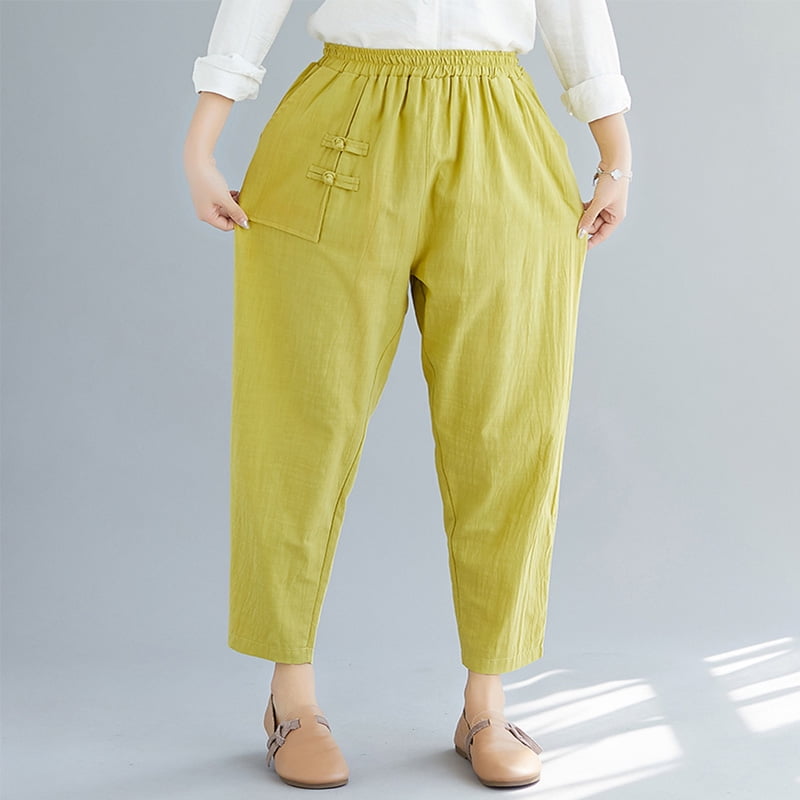 Anself - Women Cotton Linen Pants Solid Color Elastic Waist Side ...