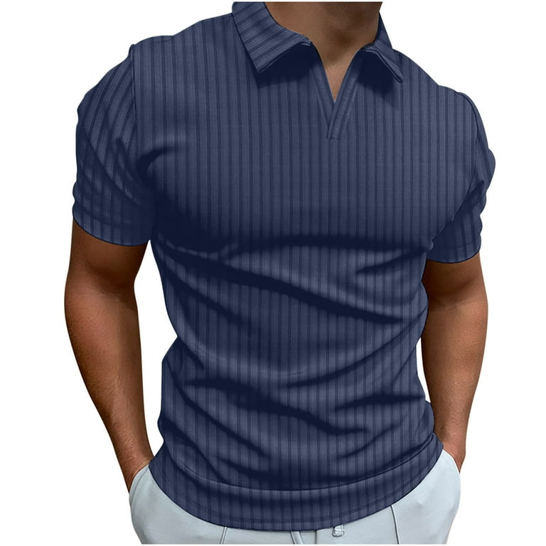 Men Ribbed Polo Shirt Short Sleeve T-shirt Slim Fit Muscle Golf