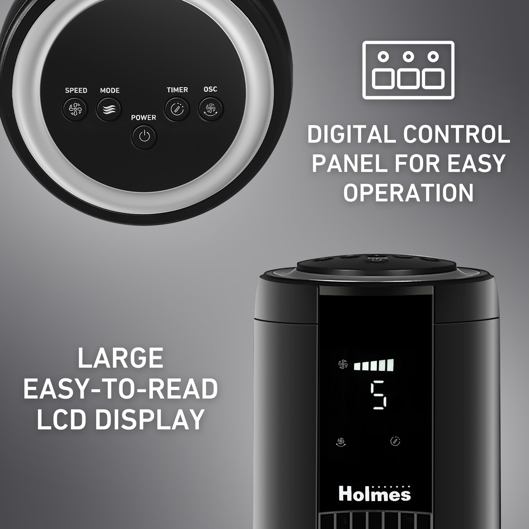 Holmes 42" Oscillating Digital Tower Fan, 5 Speeds, Remote Control, Matte Black