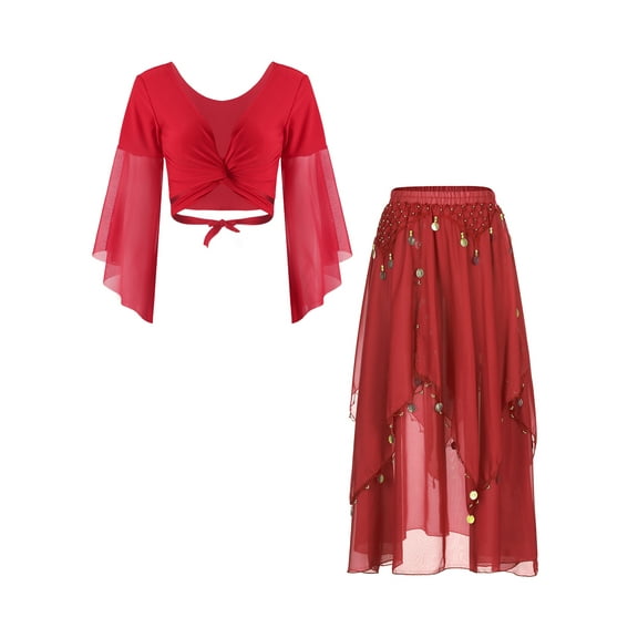 Doomiva Women's Belly Dance Dress Set Belly Tulle Flare Sleeve Crop Top with Chiffon Dance Skirt Red One Size