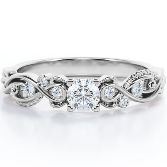 JeenMata 0.6 Carat Seven Stone 4 Prong Round Shaped Moissanite Vintage Design Filigree Engagement Ring in 18K White Gold Plating Over Silver