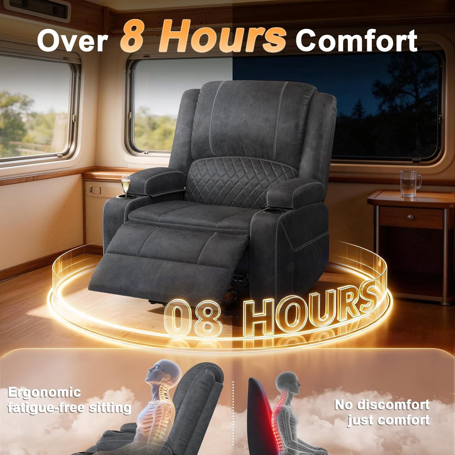 Oversized Manual Recliner Chair, 3X Home Theater Seating, RV Single Sofa w/ Storage & Cup Holder, for Living Room , Velvet Grey