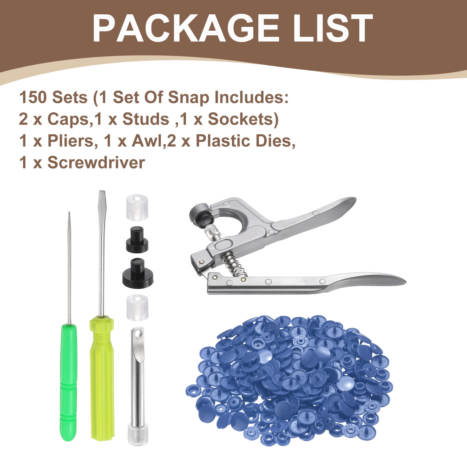 Uxcell Plastic Snaps Fasteners with Snap Pliers, 150 Set T5 Round Resin No-Sew Button Snap Fasteners Kit Dark Blue