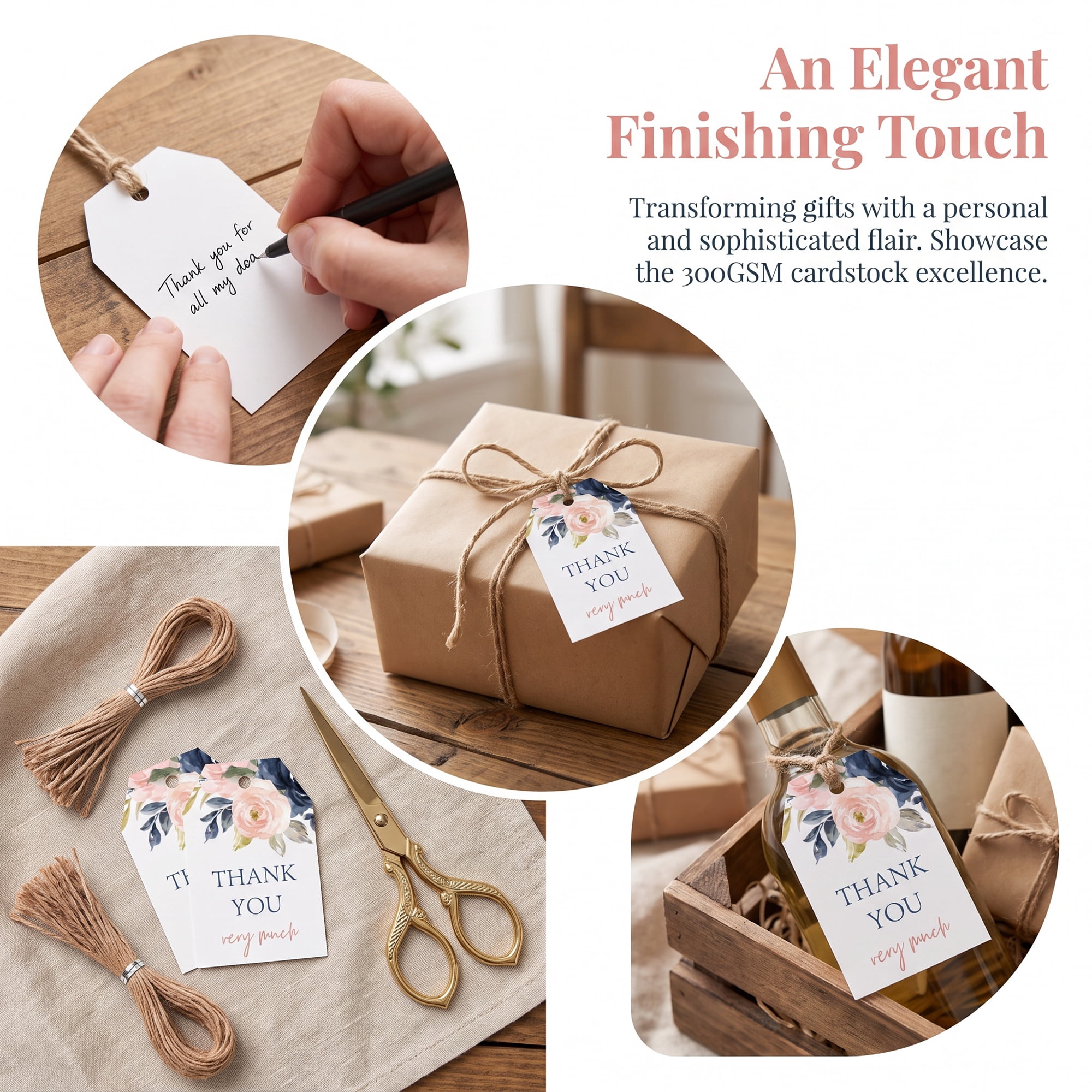 Unique Bargains Thick Thank You Gift Tags with Jute Twine Rose Pattern 2" x 3"