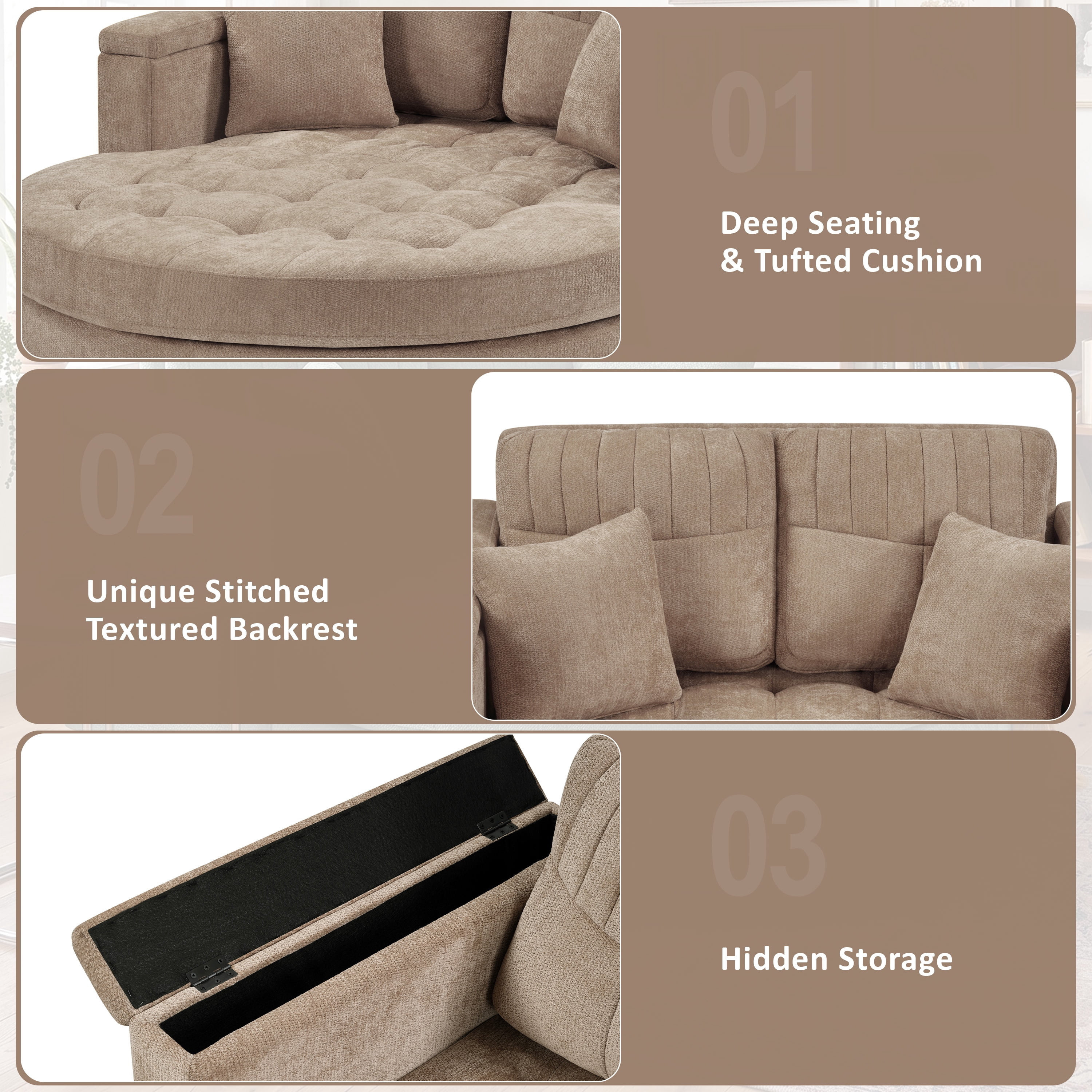 Euroco 66.9" Oversized Chaise Lounge Chair Indoor,Cloud Plush Chenille Floor Sofa Bed with Deep Seat,Storage Arms & Removable Pillows,Modern Upholstered Sofa Couch for Living Room,Brown