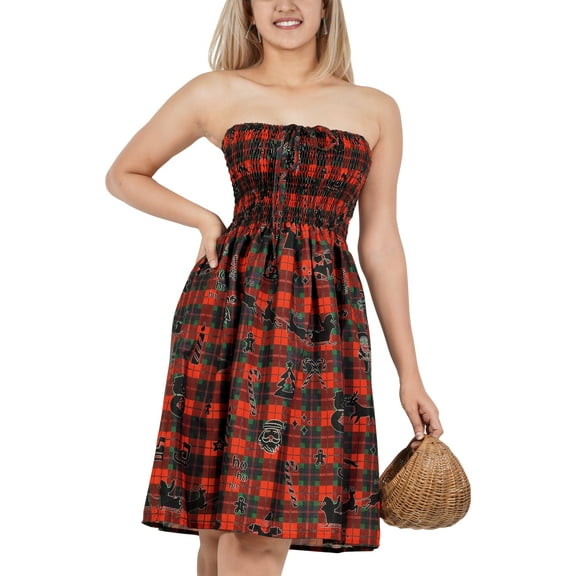 HAPPY BAY Women's Casual Beach A line Slit Smocked Mini Dress Tube Top Evening Short Strapless Christmas Tree Dresses for Women L-XL Santa, Red