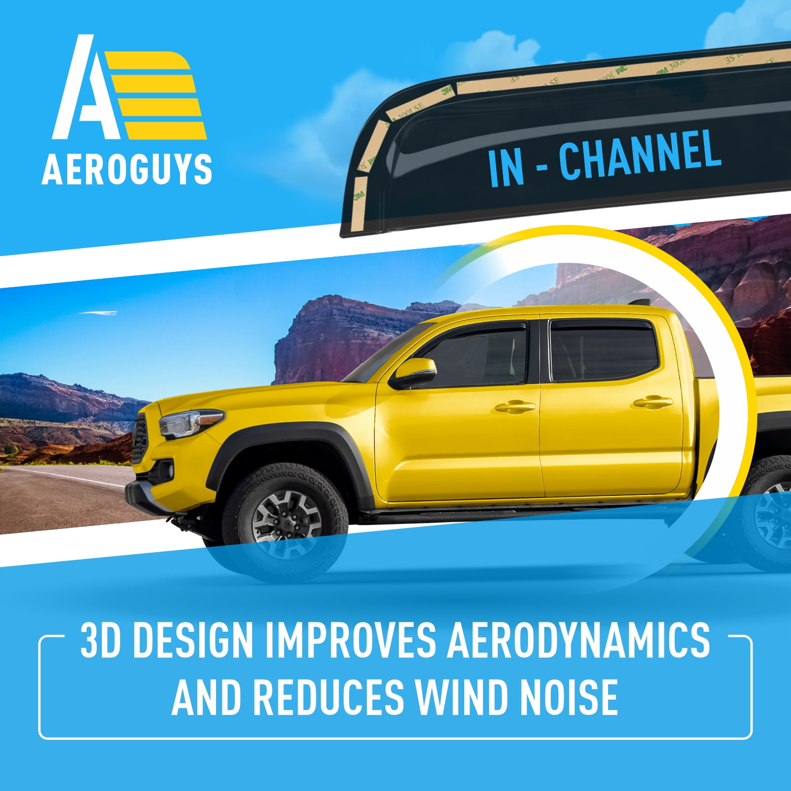 AEROGUYS In-Channel Window Deflectors Extra Durable Window Visors Rain Guards Fit for Toyota Tacoma 2016-2023 Double Cab, Sun Visors, Wind Deflectors, Vent Visors, Truck Accessories - 4pcs. AG0529