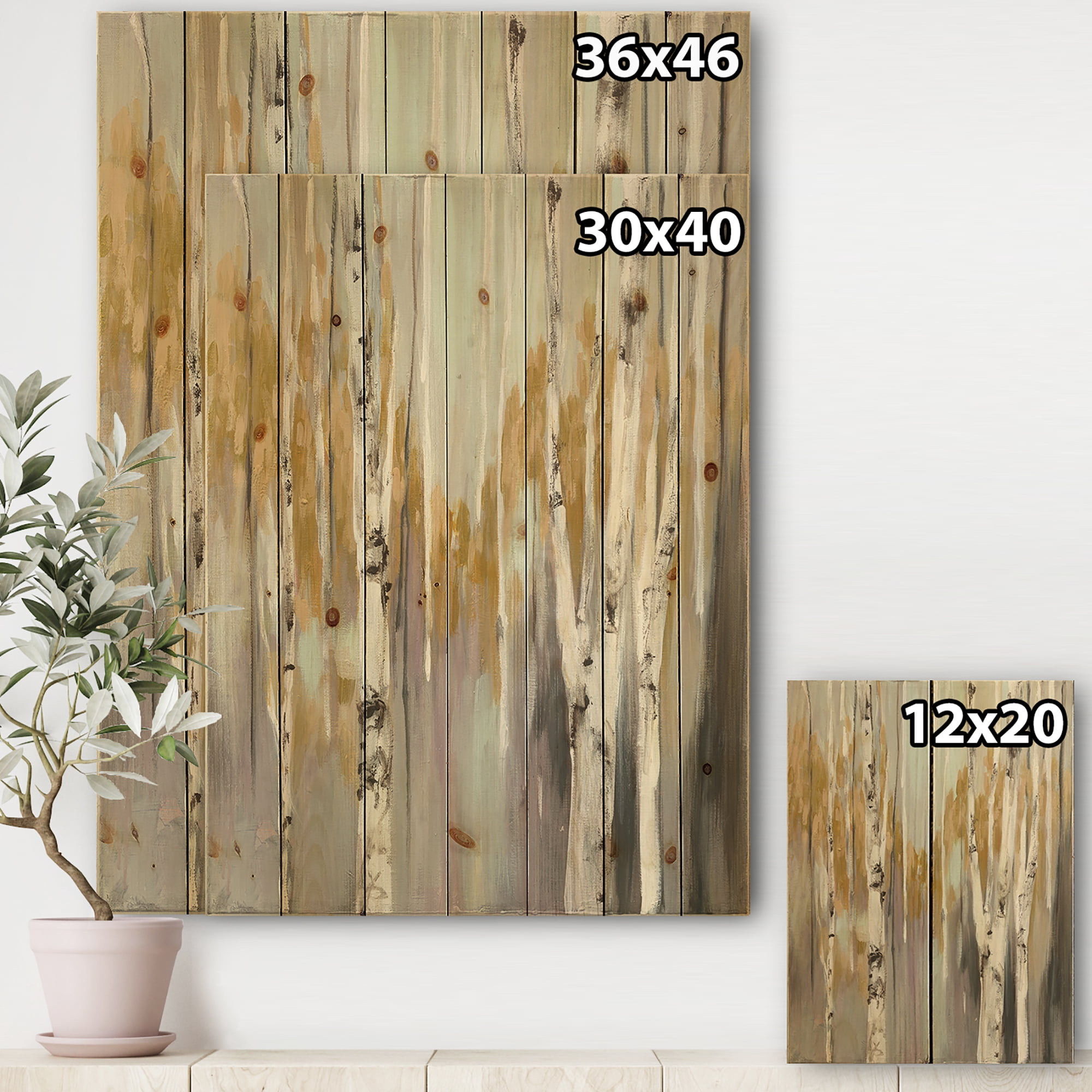 Designart 'Yellow and Silver Birch Forest I' Cottage Print on Natural Pine Wood