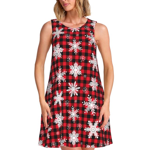 Fotbe Snowflake red plaid Vestido de Verano sin Mangas para Mujer – Vestido Midi Línea A, Estilo Camiseta Floral, Vestido Playero Casual y Fluido