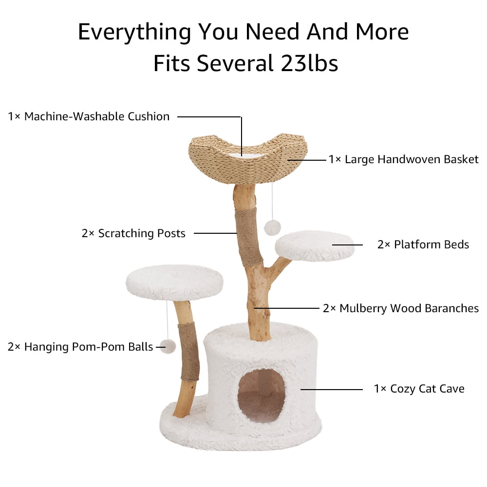 Unipaws Modern Cat Tree Tower for Small and Large Cats, Real Solid Wood Branch Luxury Cat Condo with Scratching Post and Cat Bed