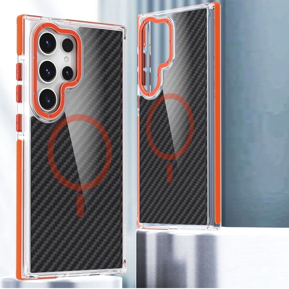 Dteck Samsung Galaxy S23 Ultra 5G Magnetic Case, Compatible with MagSafe Accessory, Wireless Charging Two-Color Carbon Fiber Texture Slim Hard Phone Cover, Orange