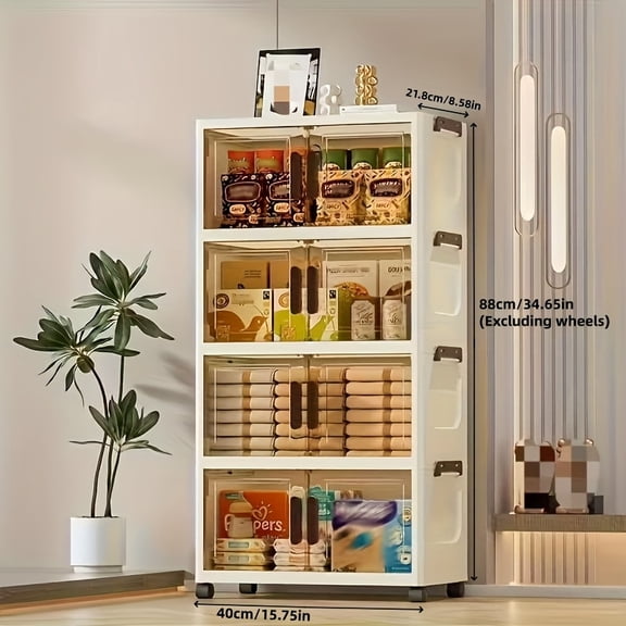 4/5-Tier Heavy-Duty Plastic Folding Storage Cabinet with Lid - Foldable Stackable Unit w/Wheels - Space-Saving for Wardrobe/Bedroom/Office/Kitchen Organization