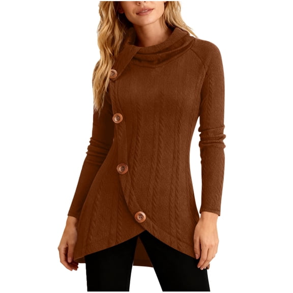 UTSJKR Womens Turtleneck Kintted Sweater Lightweight Chunky Winter Sweaters Business Casual Long Sleeve Button Pullover Coats Brown L