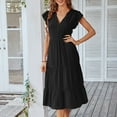thumbnail image 2 of Women Casual V Neck Midi Dress Flutter Sleeves A Line Pure Color Summer Ruffle Tiered Dress Black XL, 2 of 6