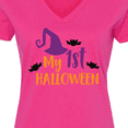 thumbnail image 4 of Inktastic My First Halloween, Witch Hat, Bats - Purple Black Women's V-Neck T-Shirt, 4 of 5