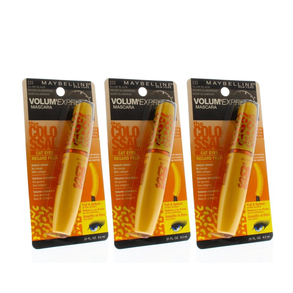 Maybelline VolumExpress The Colossal Cat Eyes Washable Mascara 233 Glam Black 0.31oz (3 Pack)