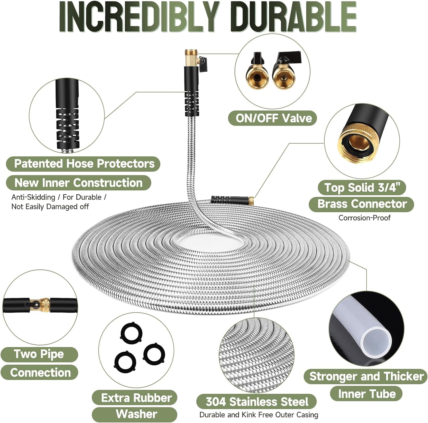 Metal Garden Hose 100 ft Stainless Steel Water Hose Heavy Duty with 10 Way Nozzle-Flexible Lightweight Durable No Kink & Tangle Hoses Pipe Strong 3/4’’ Solid Brass Fitting for Outdoor Yard