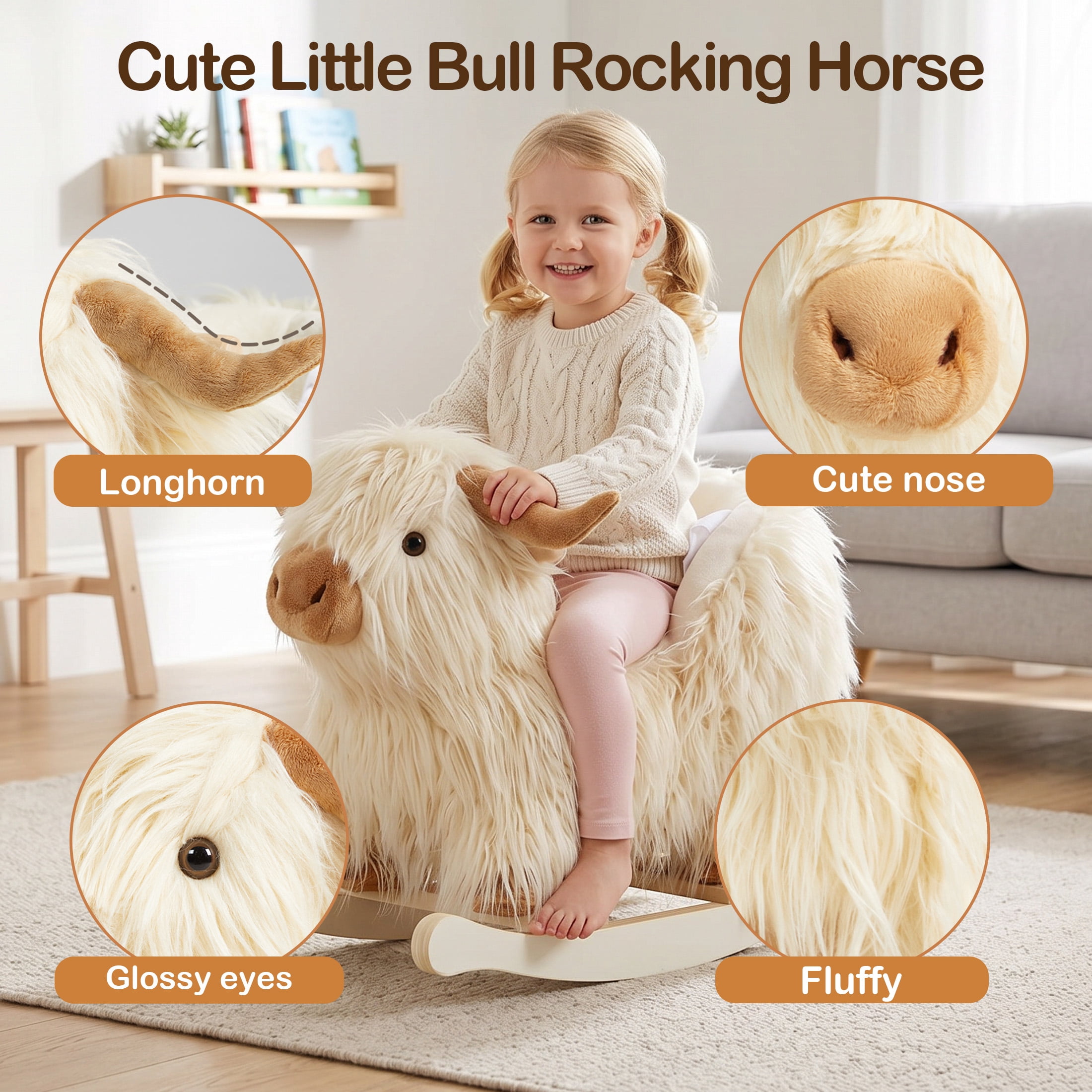 Jolie Vallee Baby Rocking Horse Kids Ride on Horse Highlander Cattle Rocker for Toddlers 1 Year Old Cute Dog Stuffed Plush Ride-on Toy for Child Christmas or Birthday Gift White