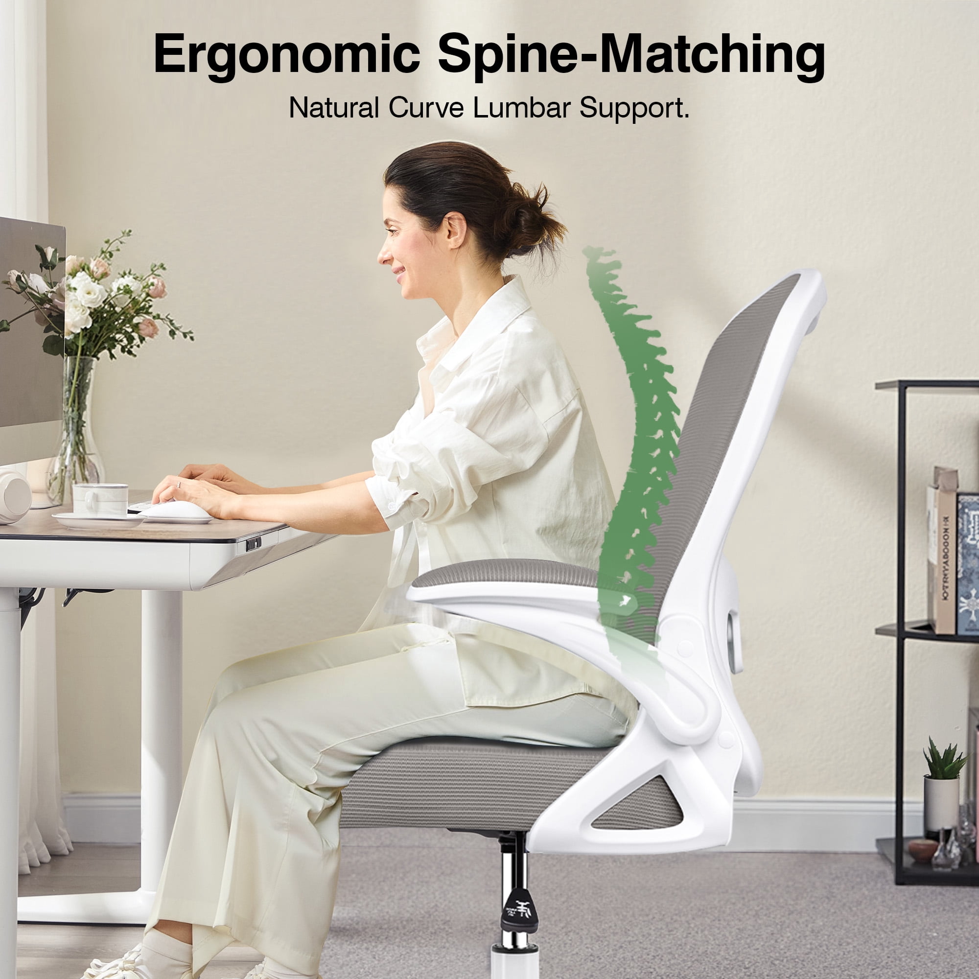 ATHOPE Ergonomic Office Chair, Mesh Desk Chair with Lumbar Support, Tall Office Chair with Flip-Up Armrests and Footrest Ring, Adjustable Computer Chair for Standing Desk Home Office, Gray