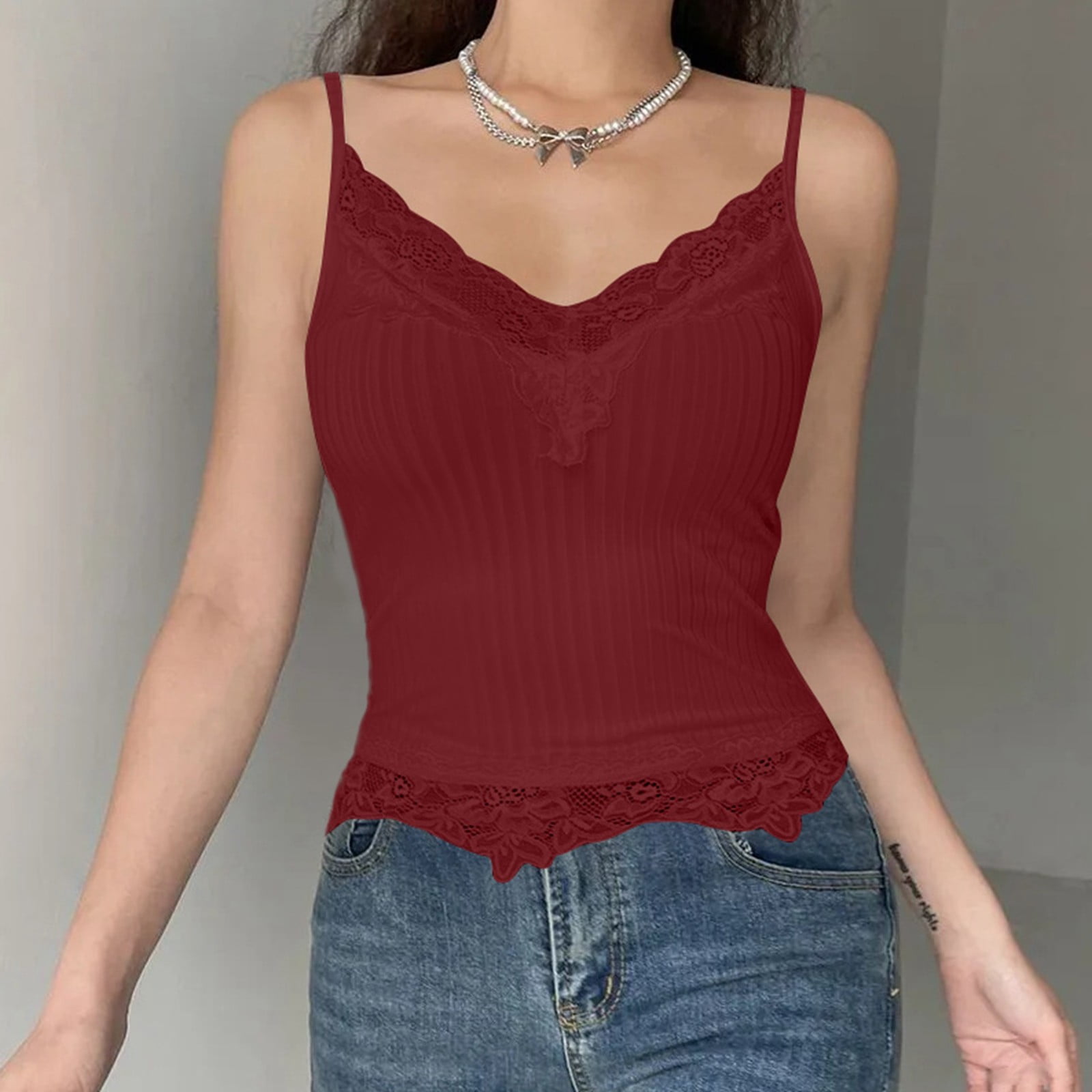 Mnyotv Women's Tank Lace Trim Ribbed Deep V Neck Crop Camisole For Women Sexy Slim Fit Sleeveless Tank Top Red L