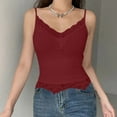 thumbnail image 2 of MIASHUI Slim Fit Ribbed V Neck Lace Trim Crop Camisole Sleeveless Tank Top For Women Red,L, 2 of 5