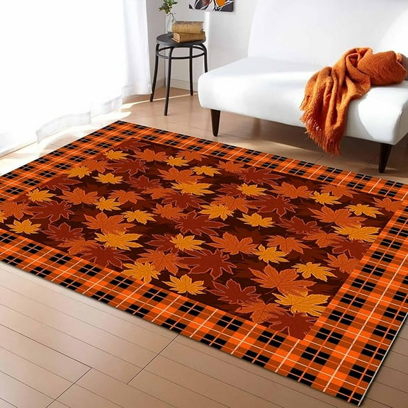 Large Rectangular Area Rugs Living Room, Thanksgiving Maple Autumn Leaf Durable Non Slip Rug Carpet Floor Mat for Bedroom Bedside Outdoor Fall Orange Buffalo Plaid