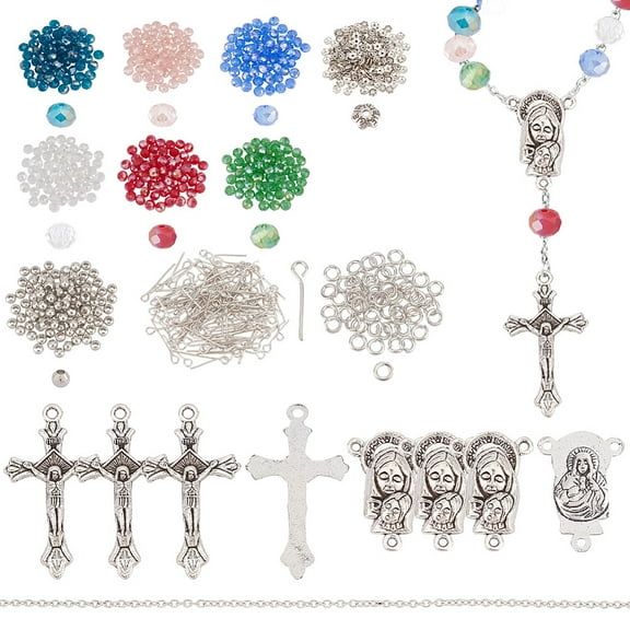 DIY Rosary Beaded style Necklaces Bracelet Making Finding Kit Cross & Virgin Mary Alloy Pendants Jewelry set Mixed color 8x6mm Hole: 1mm