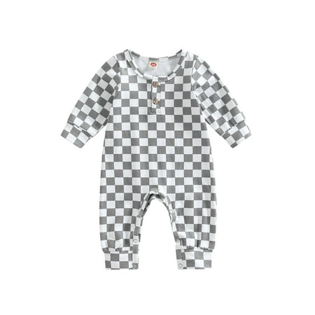 

Frobukio Newborn Baby Boys Girls Autumn Jumpsuit Long Sleeve Round Neck Button Checkerboard Romper Bodysuit Gray 12-18 Months