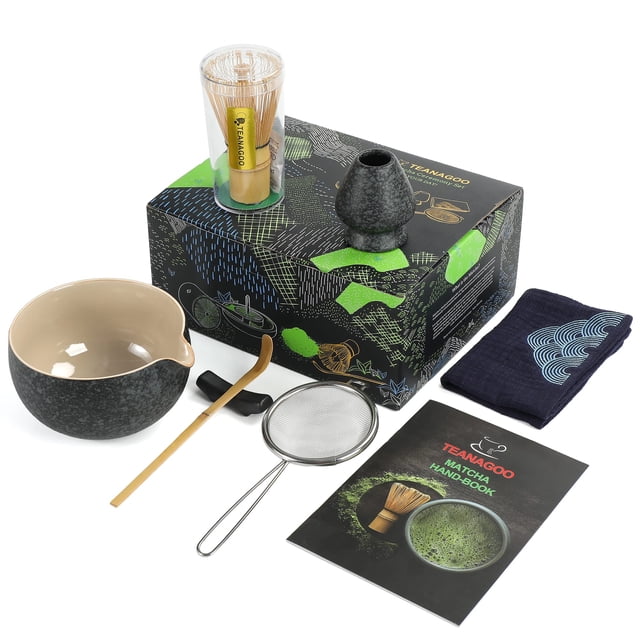 TEANAGOO Juego de té japonés (7 piezas) Juego de batidores Matcha Tazón Matcha con pico vertedor Batidor Matcha de bambú (chasen) Cuchara (chashaku) Kit para hacer té con soporte para batidor Matcha. TEANAGOO NA