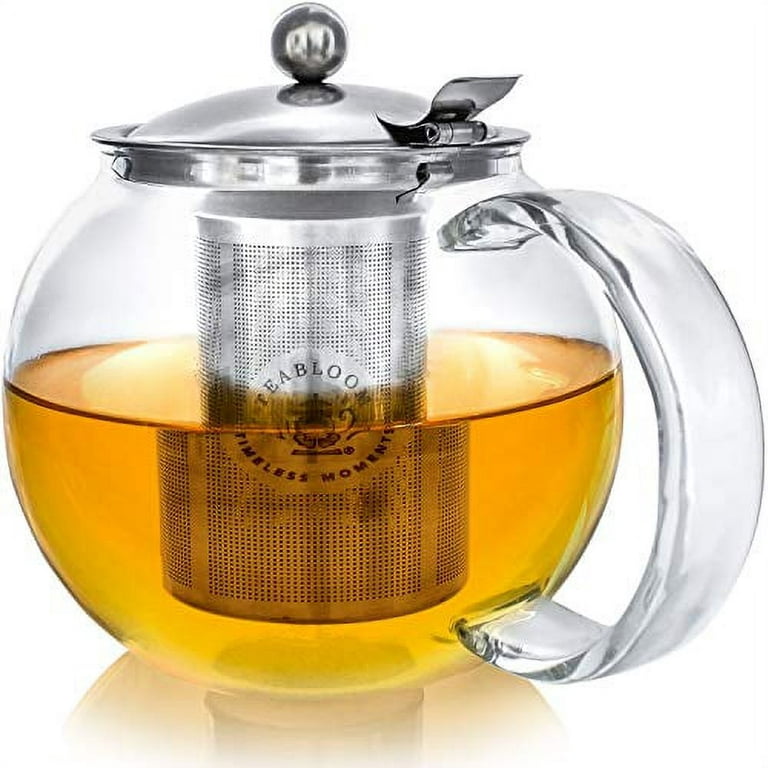 Teabloom Stovetop Safe Glass Teapot with Removable Infuser (40oz/1200ml)  and Four Double Walled Glass Cups (5oz/150ml) - Classica Tea Set 