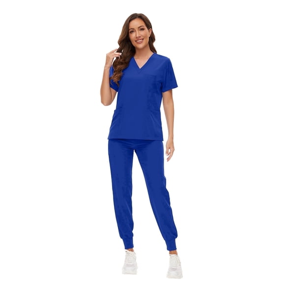 VIAOLI Women's Jogger Scrub Set -  Soft Stretch V-Neck Top & Elastic Waist Pants Uniform, 8 Colors
