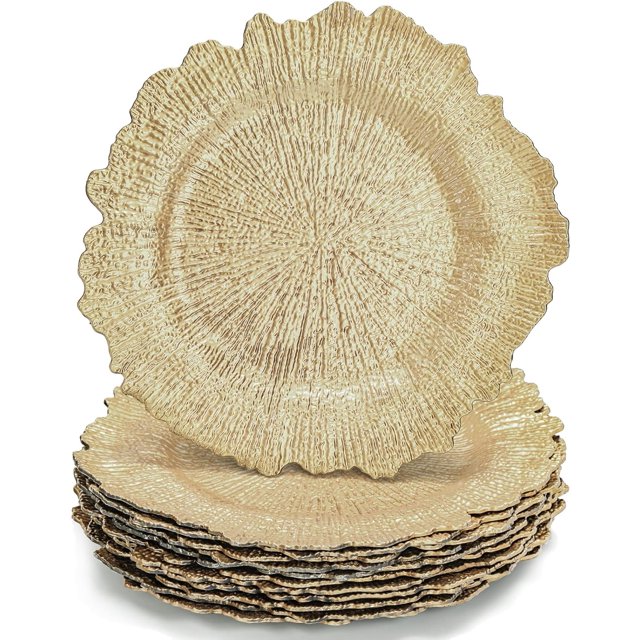 Lot de 12 Assiettes de Charge Dorées, Assiettes Rondes en Plastique de 12,7 Pouces pour Récif avec Motif de Récif de Flore pour Décoration de Mariage, Souper et Fête