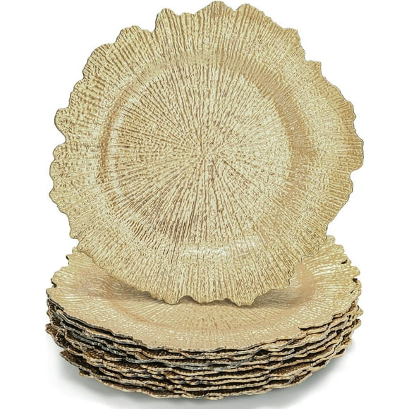Lot de 12 Assiettes de Charge Dorées, Assiettes Rondes en Plastique de 12,7 Pouces pour Récif avec Motif de Récif de Flore pour Décoration de Mariage, Souper et Fête