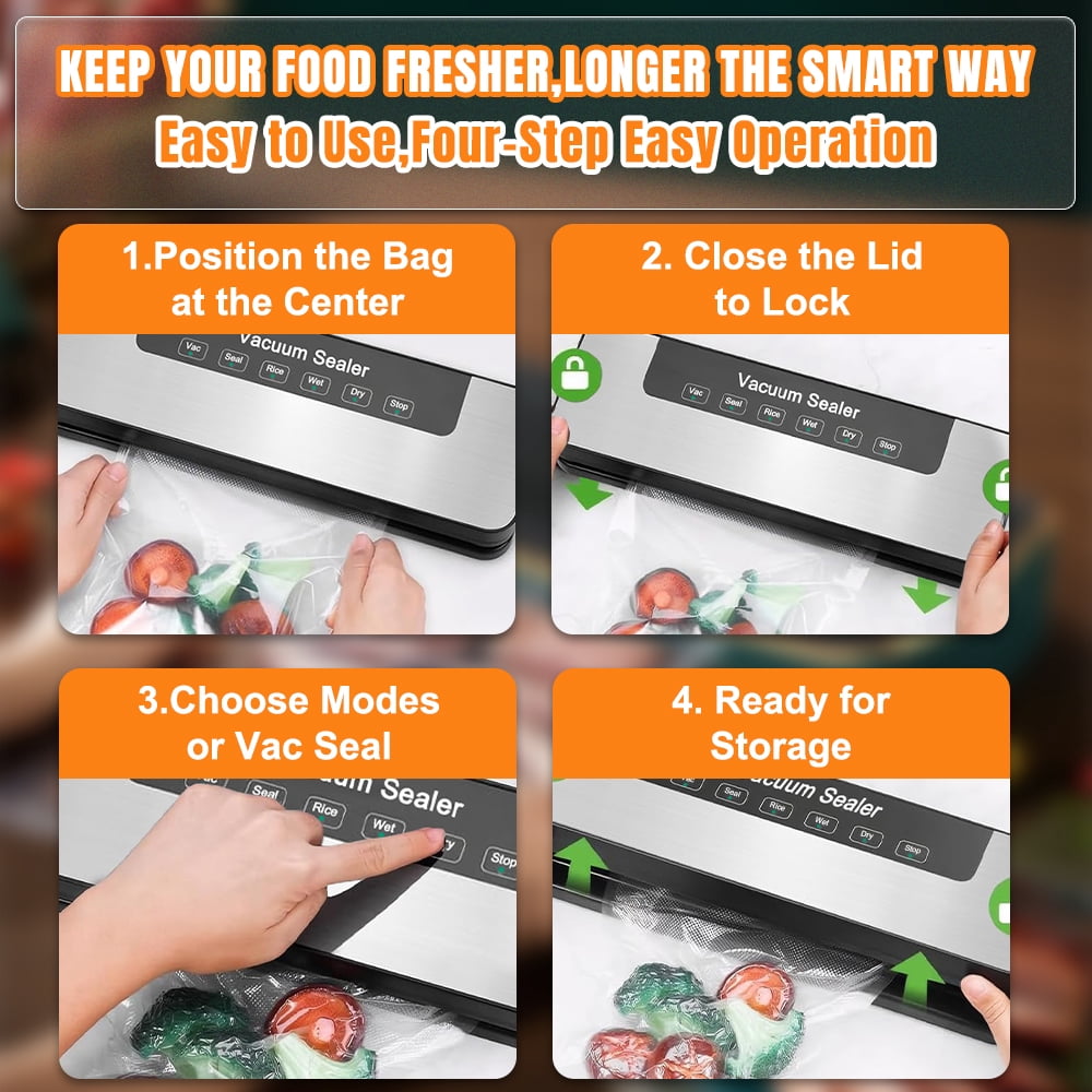 MDHAND Vacuum Sealer Machine with UV Sterilization, 60kPa Suction Power, 120W, 30cm Seal Width, Includes 50 Precut Bags and External Hose, for Food Storage