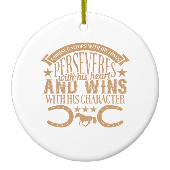 DistinctInk Hanging Ceramic Christmas Ornament - Horse Gallops, Perseveres, Wins - Gold String, 2-3/4 inch Diameter