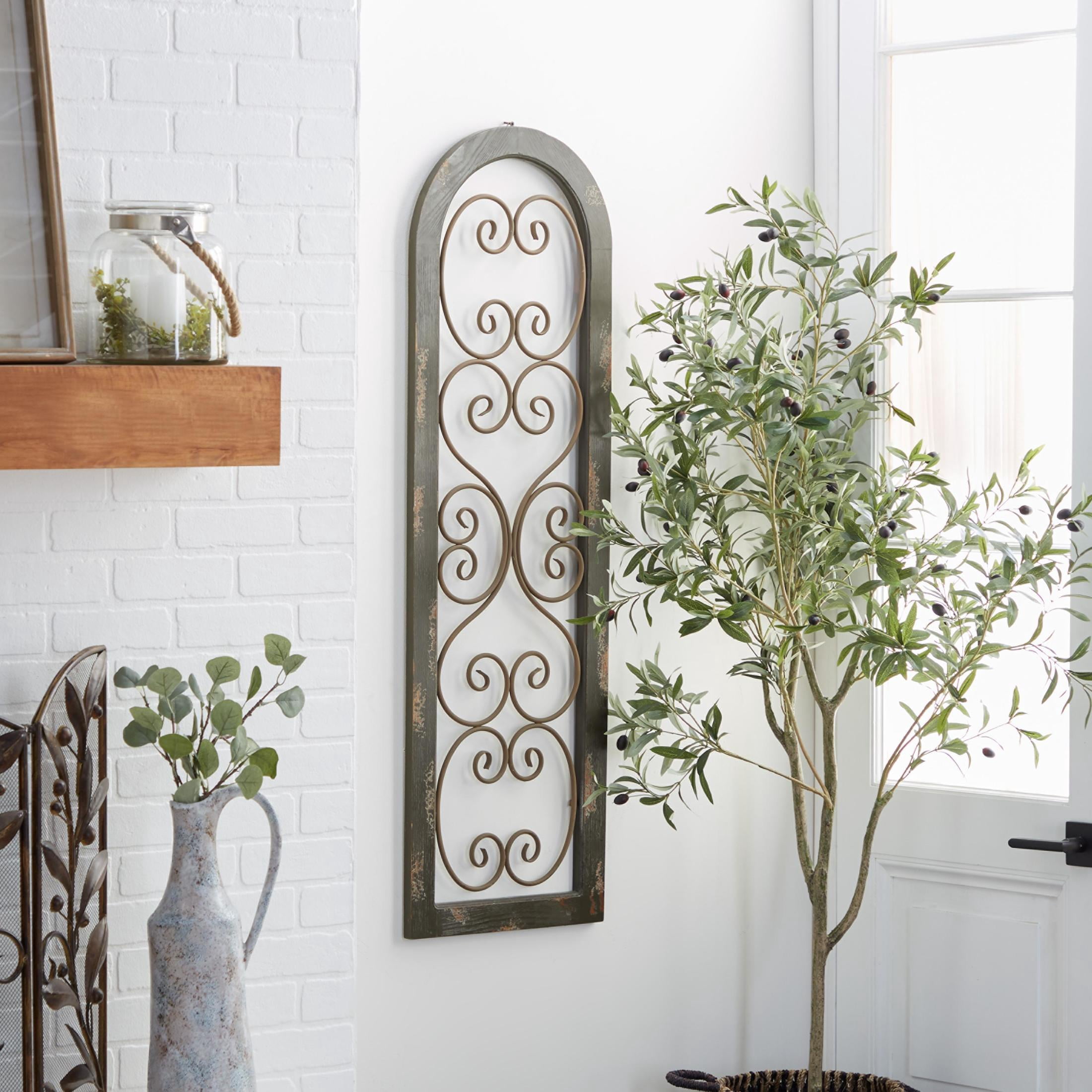 DecMode Brown Rustic Wood Scrollwork Pattern with Arched Frame Wall Décor, 15"W x 48"H