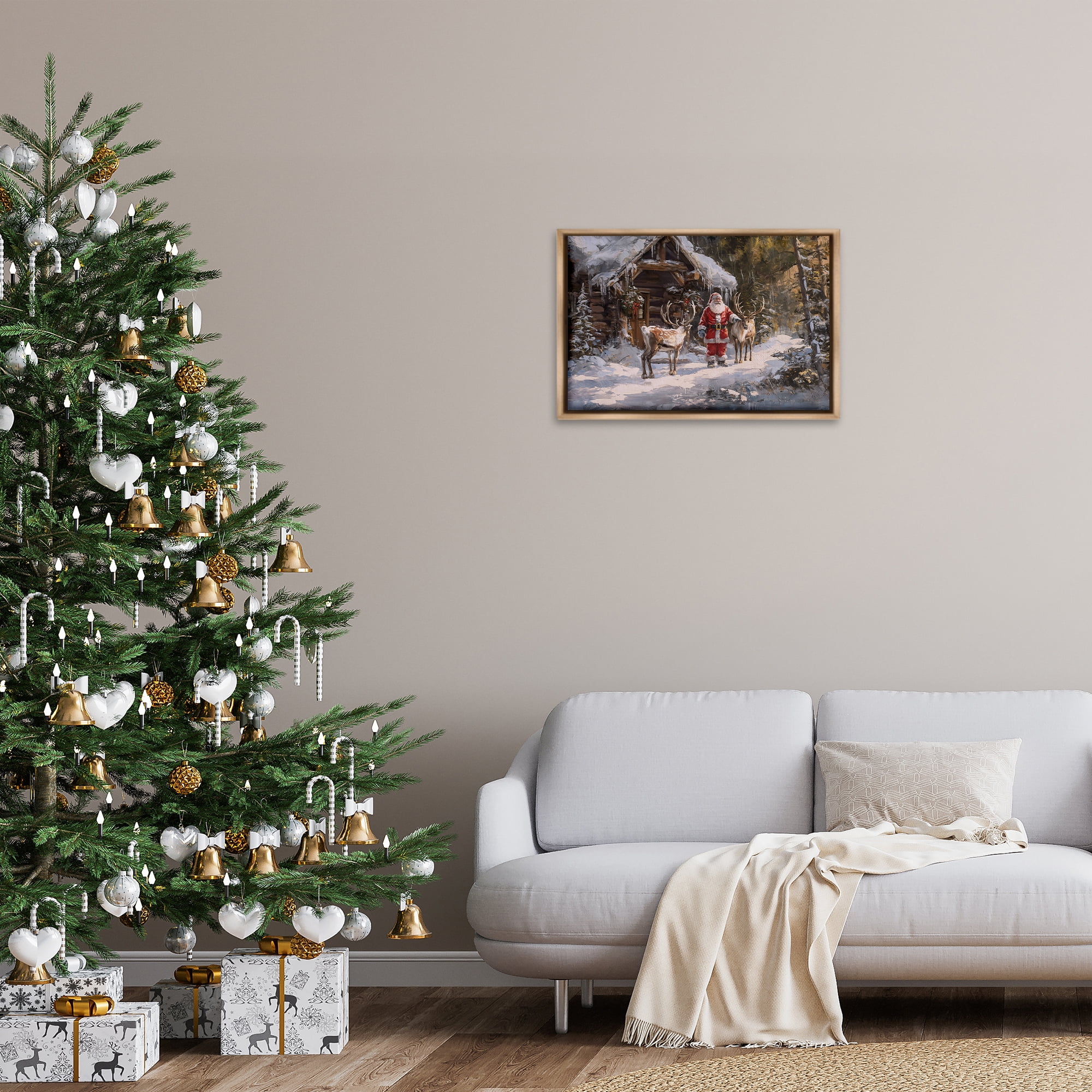 Stupell Industries Traditional Santa by Cabin Holiday Painting Brown Floater Framed Canvas Art Prints Wall Art, 25 x 17