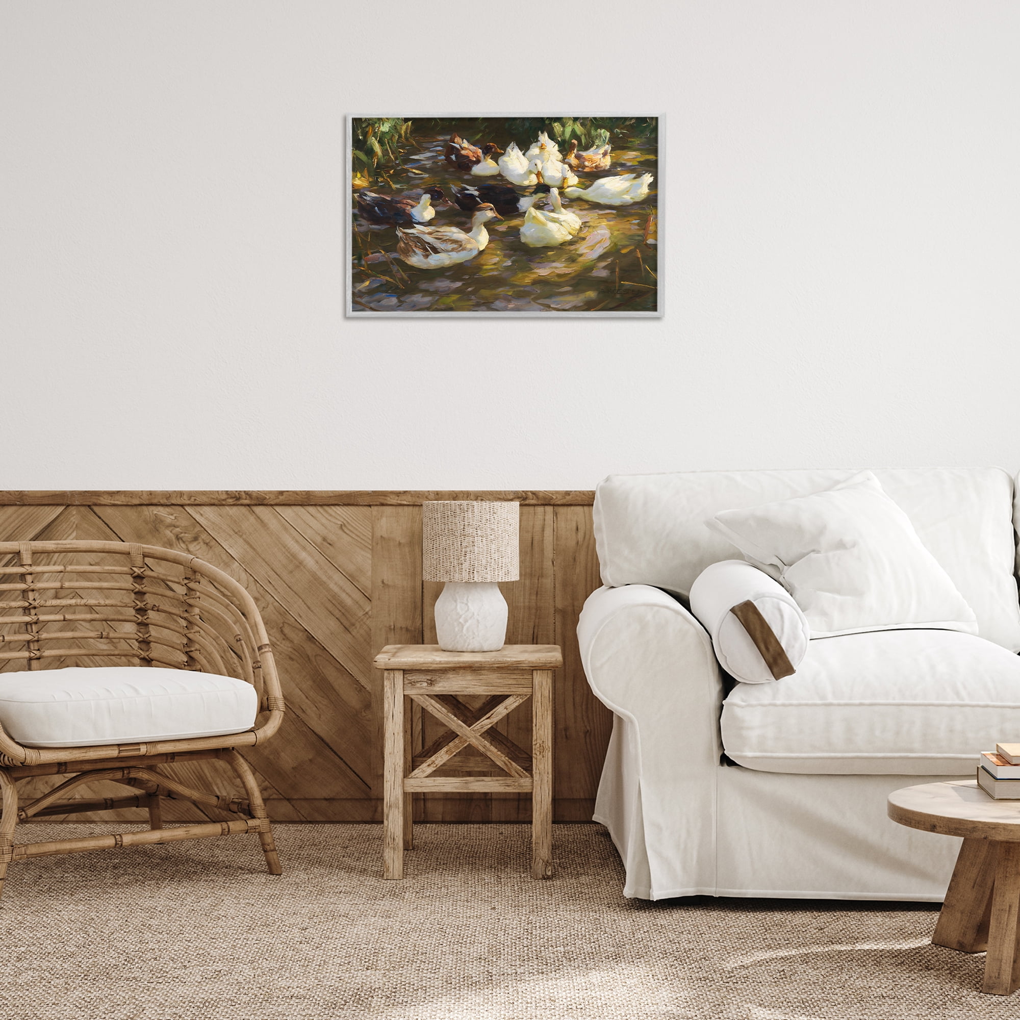 Stupell Industries Ducks in Flowing River Landscape Painting Gray Framed Art Print Wall Art, 24 x 16