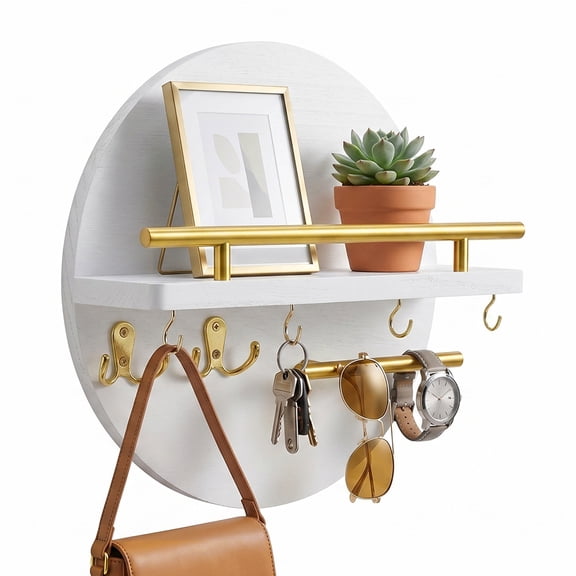 Key Holder for Wall with Shelf and 6 Hooks, Round Wooden Key and Mail Organizer, Rustic Entryway Key Rack for Hallway Kitchen Office, Boho Home Decor