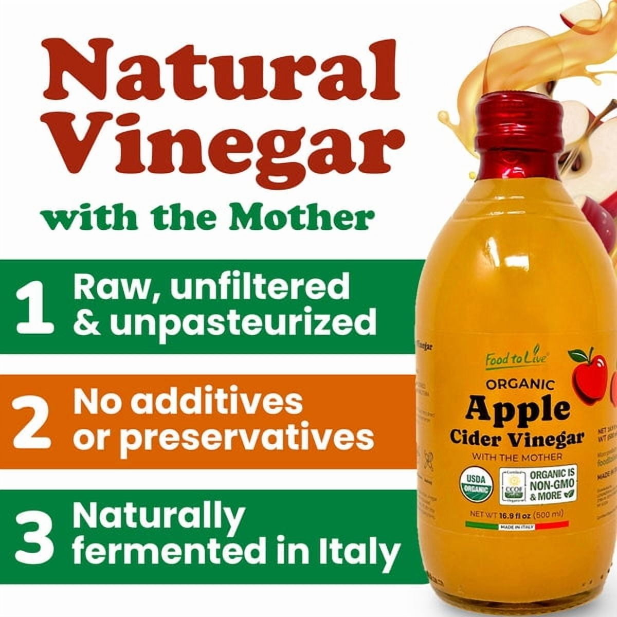 Food To Live Organic Apple Cider Vinegar, 500 ml – Raw Italian Natural Vinegar with the Mother, Unfiltered, Unpasteurized, Non-GMO, Vegan, Bulk, Glass Bottle (Pack of 6)