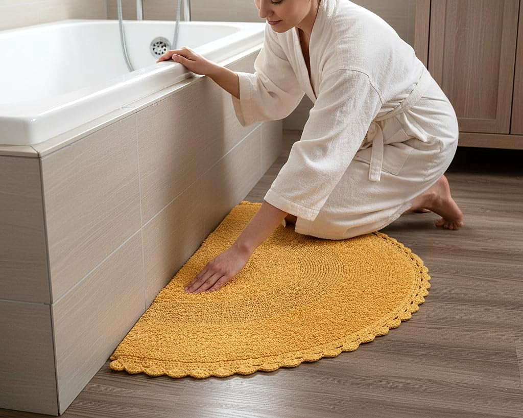 Savi Home Half Circle Bohemian Bathroom Rug – Handwoven Crochet 100% Cotton Mat 22x42", Honey Mustard