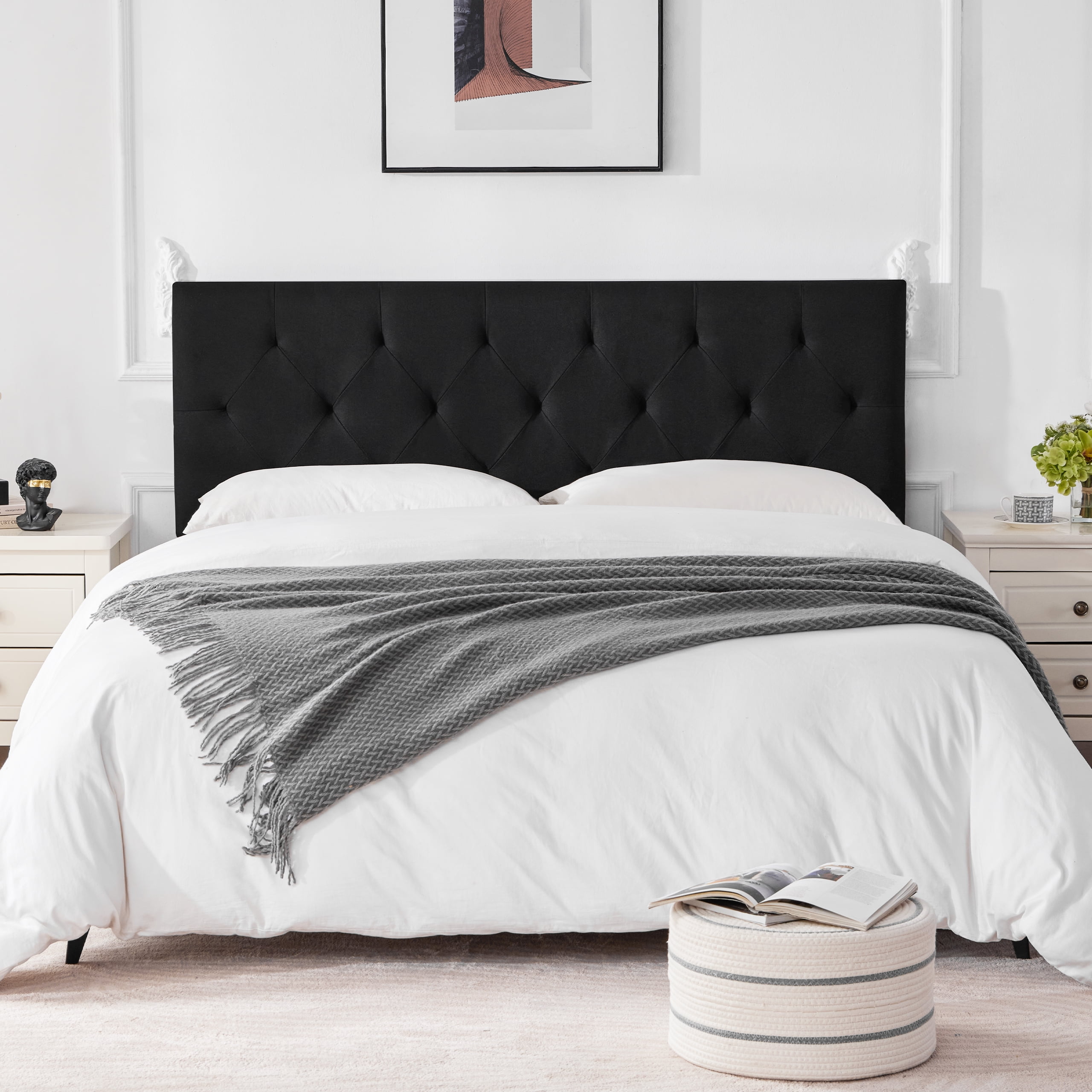 Linen Upholstered Headboard Twin Size, Diamond Tufting Solid Wood Twin XL Headboard Only, Adjustable Height from 37” to 51” Head Board, Dorm Bed Frame or Wall Mount Headboards, Black