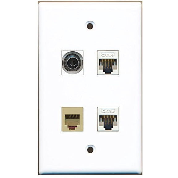 RiteAV - 1 Port Phone RJ11 RJ12 Beige 1 Port 3.5mm 2 Port Cat5e Ethernet White Wall Plate