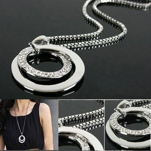Naierhg Women Double Circles Rhinestone Inlaid Long Chain Necklace Jewelry Gift