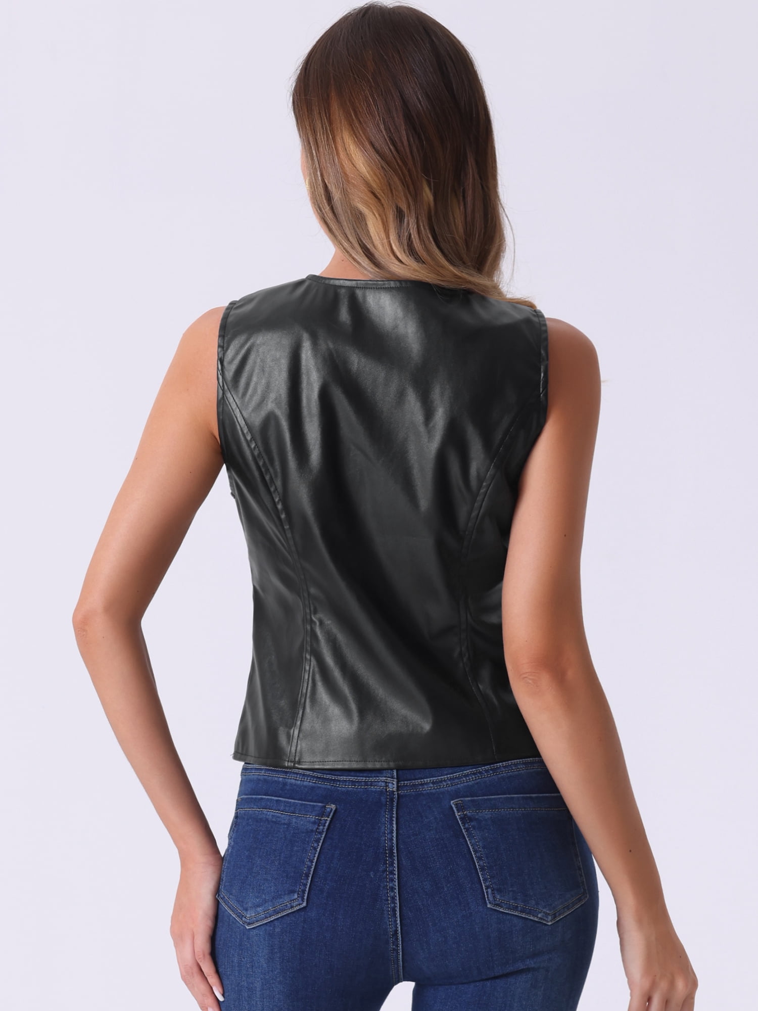 DARING DIVA Women's Faux Leather Waistcoat V Neck Zipper Motorcycle Vest XL Black