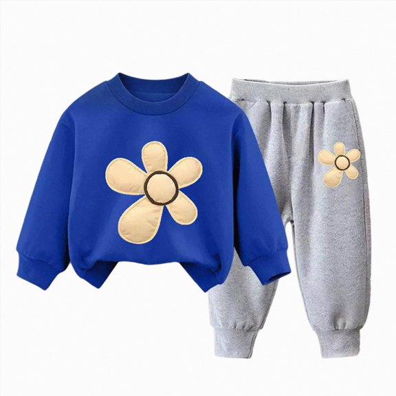 Ulanda Toddler Baby Girls Flower Print Clothes Set Long Sleeve Top and Pants 2pcs Outfits Fall Clothes (Blue, 5-6 Years)